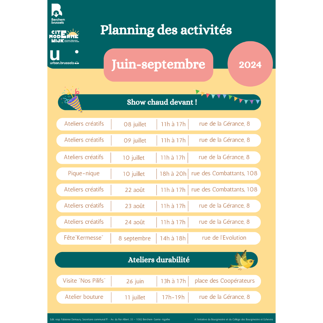 Read more about the article Découvrez le planning des activités socio-économiques du Contrat de Quartier Durable Cité Moderne pour les mois de juin à septembre !